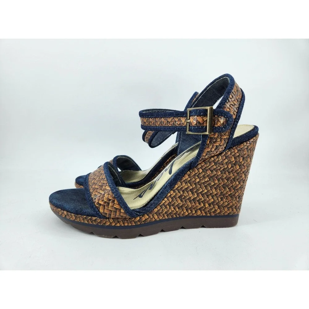 Skechers Wedge Sandals Women 9‎ Blue Denim Brown Woven Platform 38268